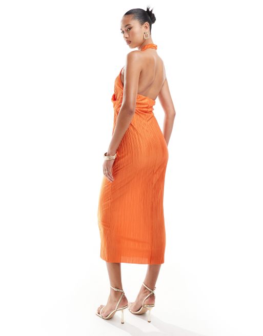 ASOS DESIGN - Plissé midi jurk met gedraaide halternek in oranje, 4 van 4