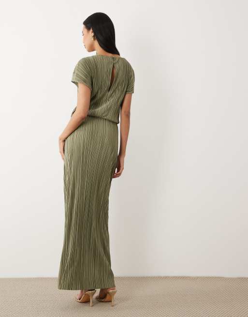 ASOS DESIGN - Plissé midi jurk met gedrapeerde taille in kaki, 3 van 4
