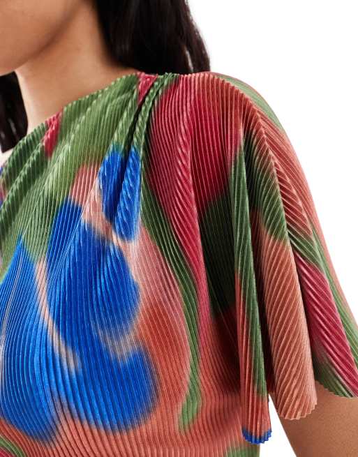 ASOS DESIGN - Plissé midi jurk met korte mouwen en aangerimpelde taille in abstracte print, 4 van 4