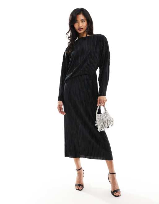 ASOS DESIGN - Plissé midi jurk met lange mouwen in zwart