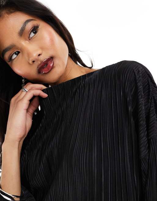 ASOS DESIGN - Plissé midi jurk met lange mouwen in zwart, 2 van 4