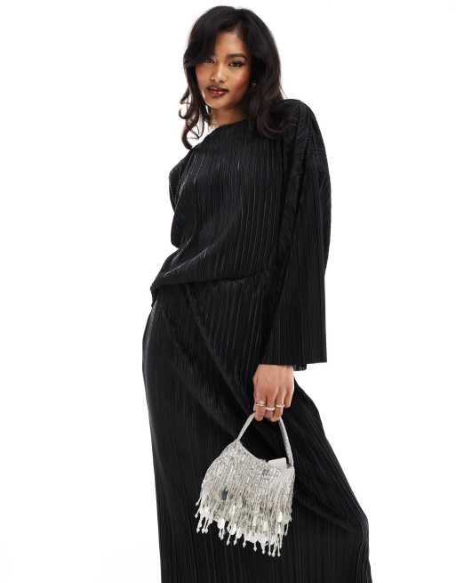 ASOS DESIGN - Plissé midi jurk met lange mouwen in zwart, 3 van 4