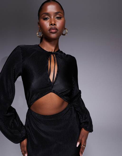 ASOS DESIGN - Plissé midi-jurk met uitsnijding en strik in zwart, 2 van 4