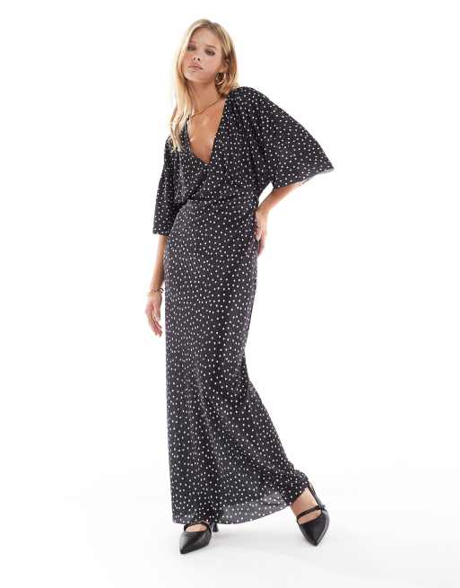 ASOS DESIGN - Plissé midi jurk met V-hals, vleermuismouwen en stippenprint