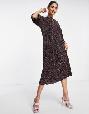 ASOS DESIGN plisse midi oversized t-shirt dress in dark ditsy floral print - ASOS Price Checker