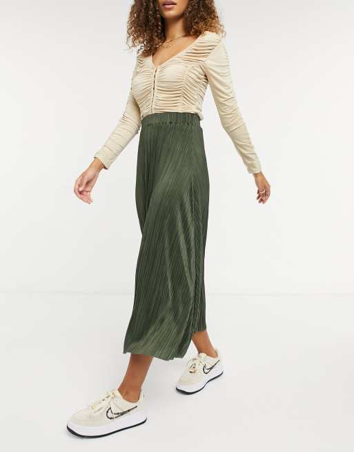 ASOS DESIGN Pliss midi rok in donker kaki