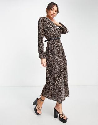 ASOS DESIGN plisse midi wrap dress with belt in leopard print