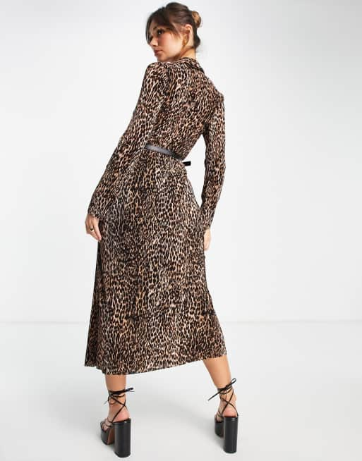 ASOS DESIGN plisse midi wrap dress with belt in leopard print