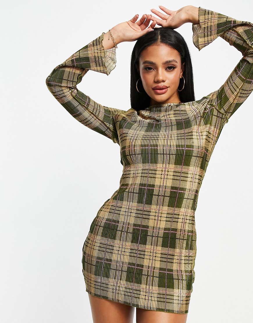ASOS DESIGN plisse mini dress with long flare sleeve in brown check print-Multi