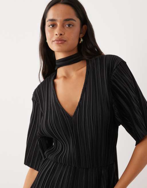 ASOS DESIGN plisse mini dress with scarf detail in black, 2 of 4
