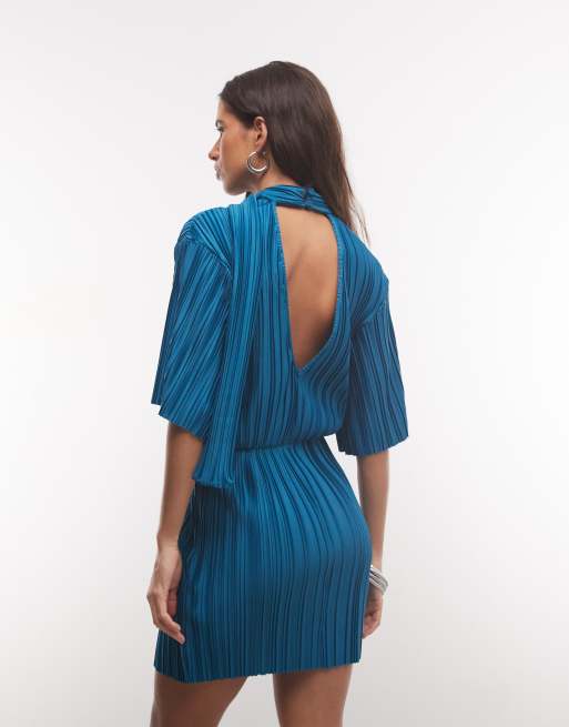 ASOS DESIGN plisse mini dress with scarf detail in teal, 4 of 4