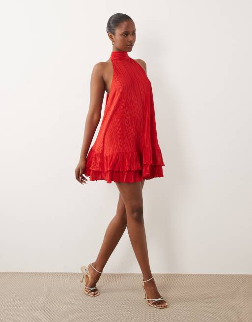 ASOS DESIGN - Plissé mini jurk met halternek en ruches aan de zoom in rood, 2 van 4