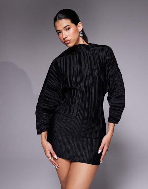ASOS DESIGN - Plissé mini jurk met lange coconmouwen en taillenaad in zwart - view 1