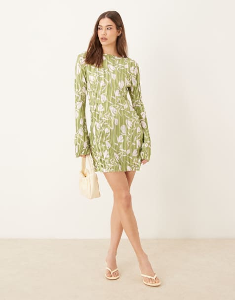 ASOS DESIGN - Plissé mini jurk met uitlopende lange mouw en groene en witte print - view 1