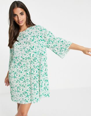ASOS DESIGN plisse mini smock dress in green ditsy floral print