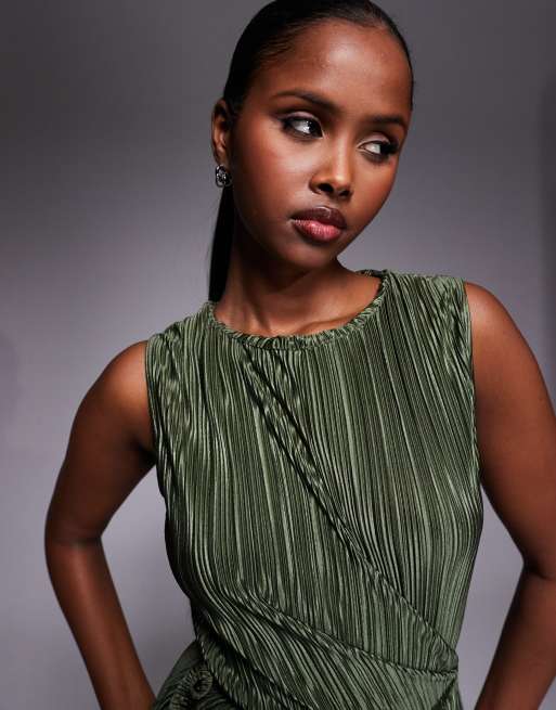 ASOS DESIGN - Plisse mouwloze maxi wikkeljurk in kaki, 2 van 4