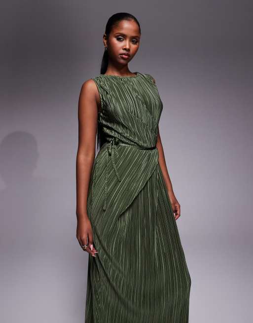 ASOS DESIGN - Plisse mouwloze maxi wikkeljurk in kaki, 3 van 4