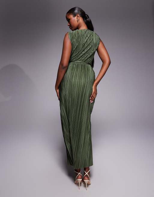 ASOS DESIGN - Plisse mouwloze maxi wikkeljurk in kaki, 4 van 4