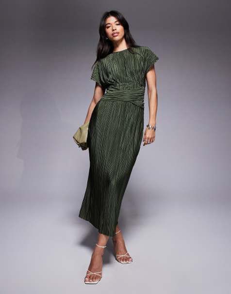 ASOS DESIGN - Plisse mouwloze maxi wikkeljurk met gedraaide voorkant in kaki - view 1