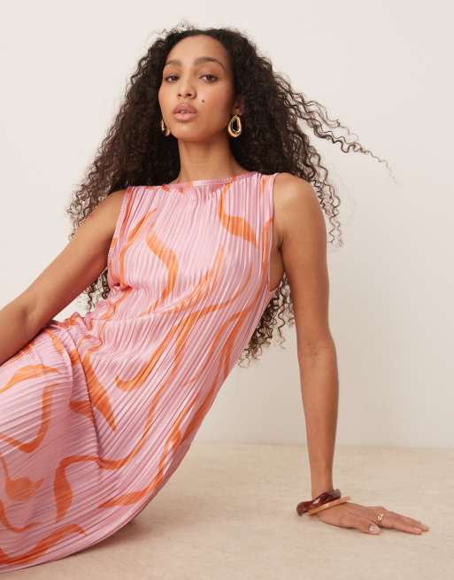 ASOS DESIGN - Plissé mouwloze midi-jurk met roze swirlprint, 2 van 4