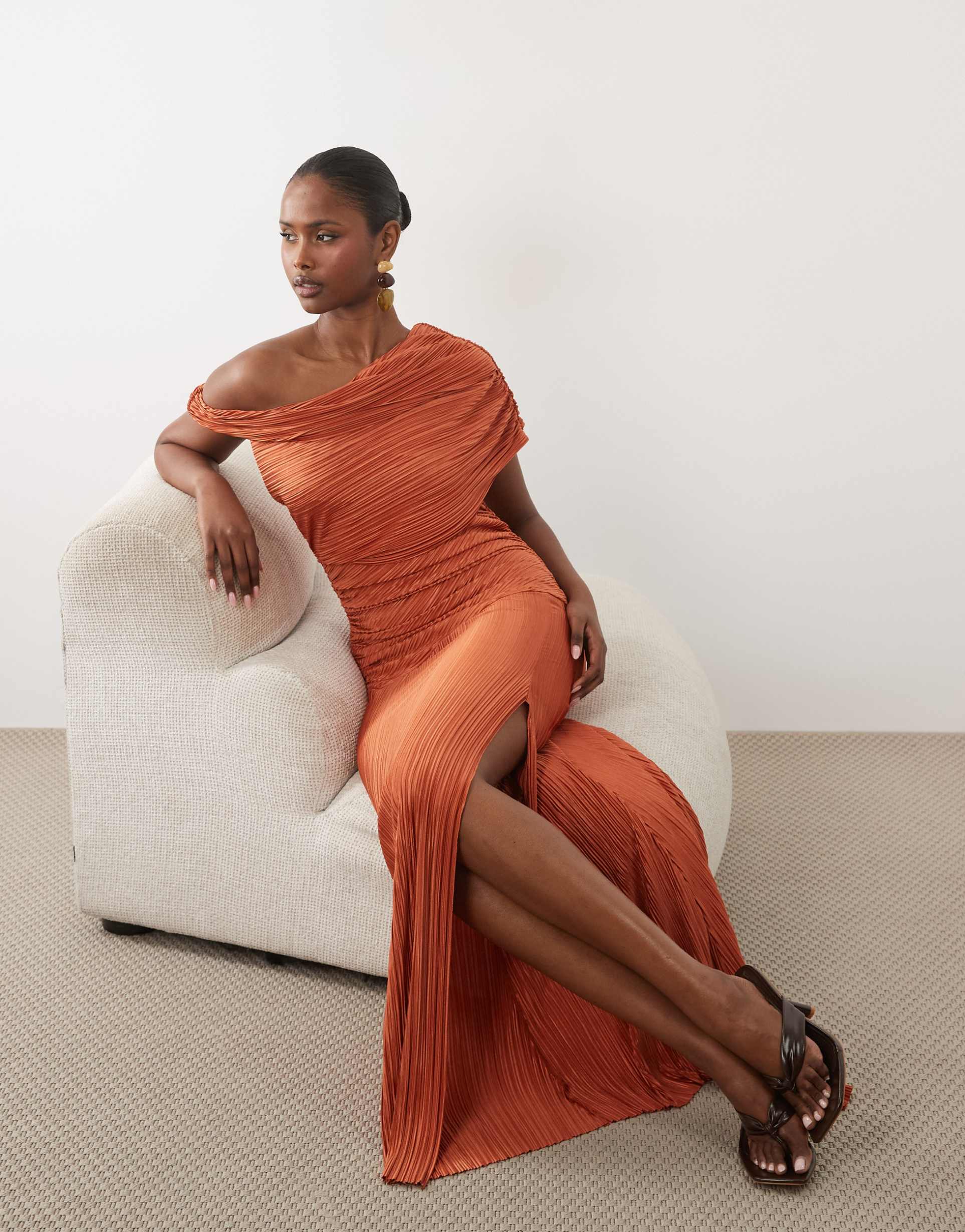 asos design plissé off the shoulder ruched detailing maxi dress in rust