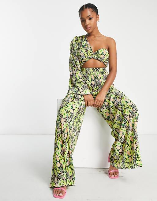 ASOS DESIGN plisse one shoulder cut out jumpsuit in floral print | ASOS