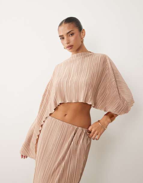 ASOS DESIGN plisse one-shoulder drape top in toffee (Part of a set) - view 1