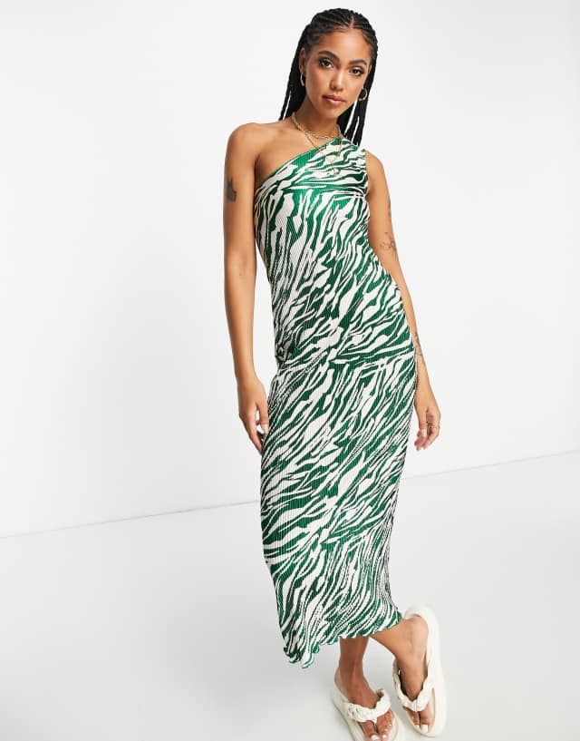 ASOS DESIGN plisse one shoulder midi dress in green and cream zebra