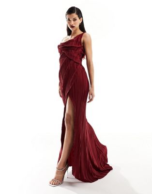 ASOS DESIGN plisse one shoulder premium drape maxi dress with super high split in wine