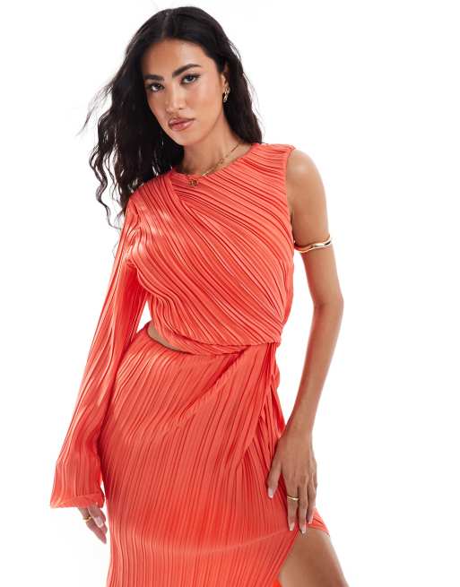 ASOS DESIGN plisse one sleeve midi dress with split detail in coral