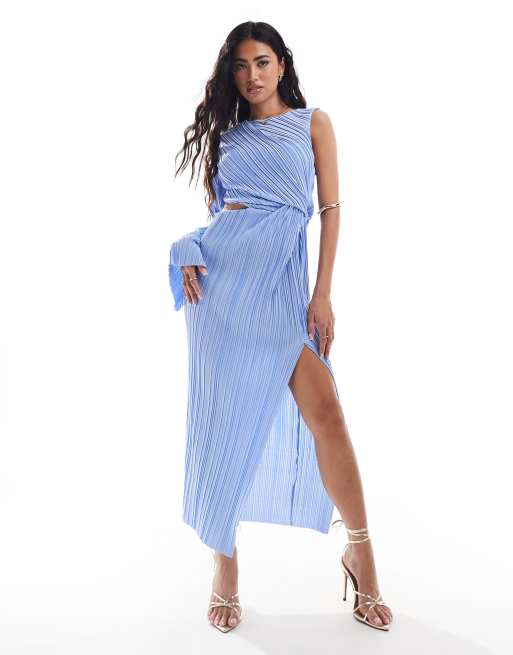 ASOS DESIGN plisse one sleeve midi dress with split detail in icy blue