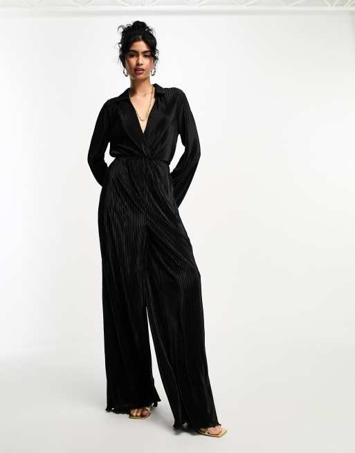 ASOS DESIGN - Plissé overhemd-jumpsuit met lange mouwen in zwart, 4 van 4