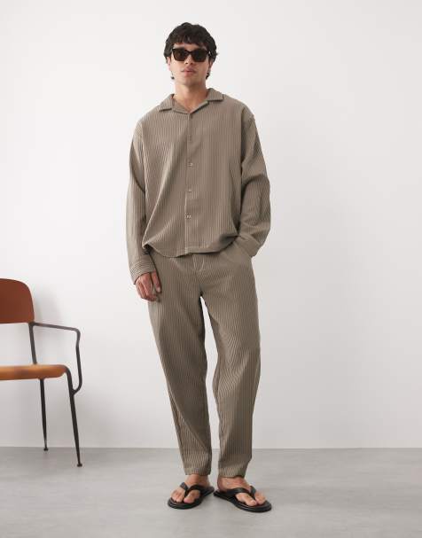 ASOS DESIGN plisse pants in tapered fit in brown - part of a set - view 1