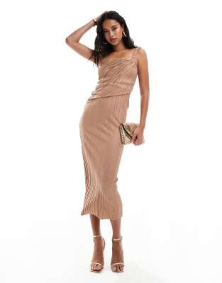 plisse plaited one shoulder midi dress with draped front in camel-Neutral