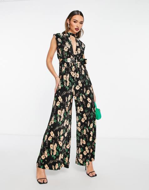 ASOS DESIGN scuba one shoulder kick flare jumpsuit in marble print