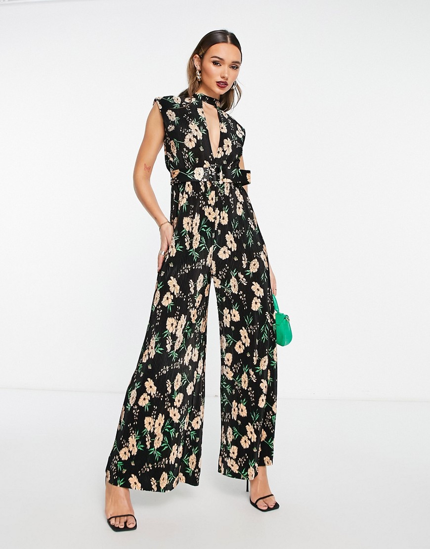 ASOS DESIGN plisse plunge belted jumpsuit in minimal floral-Multi