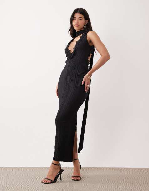 ASOS DESIGN plisse plunge neck midi dress with scarf detail and lace trim in black - view 1