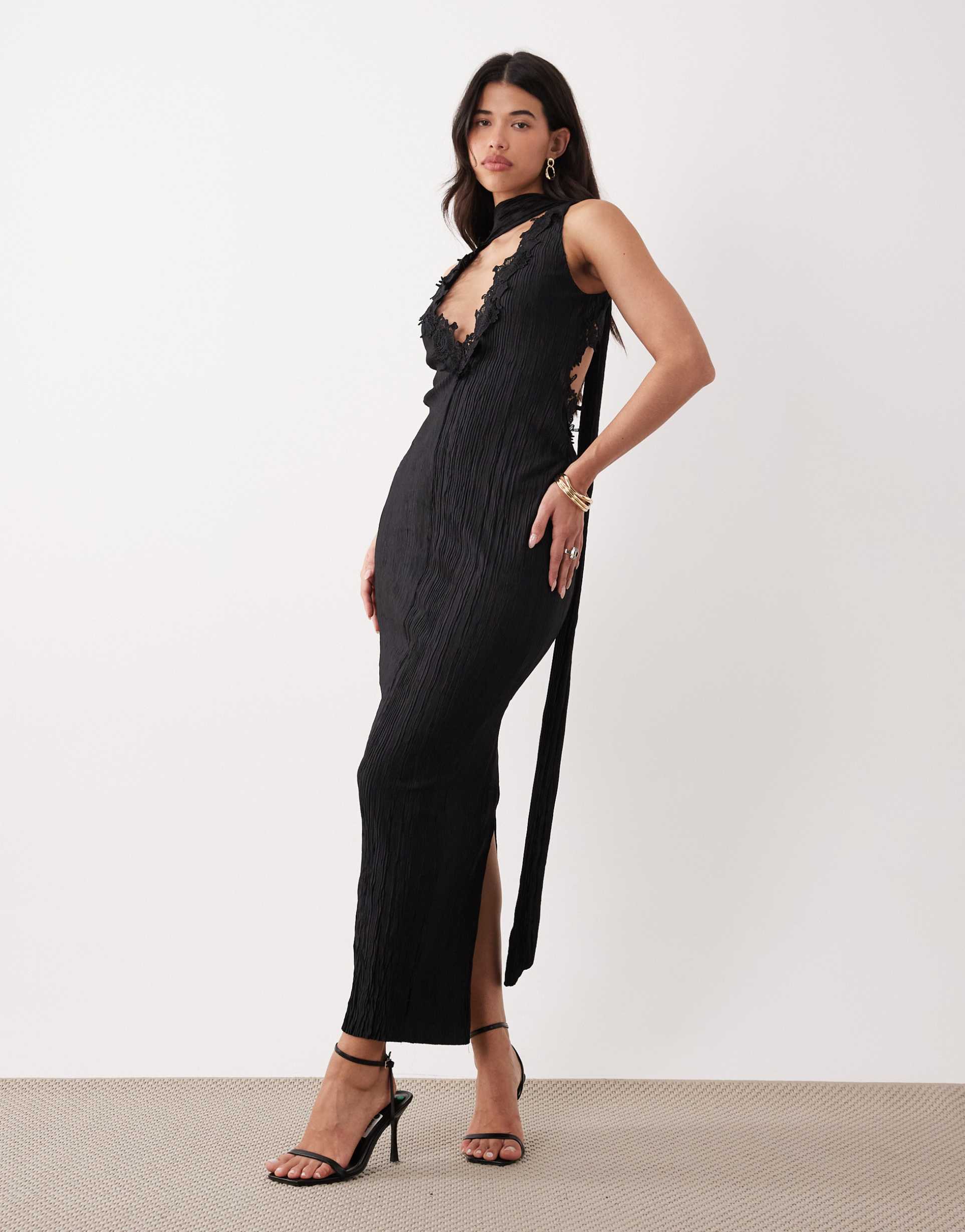 asos design plisse plunge neck midi dress with scarf detail and lace trim in black