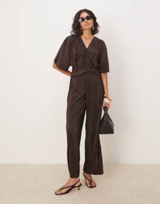 Asos Design Plisse Plunge Short Sleeve Wrap Waist Jumpsuit