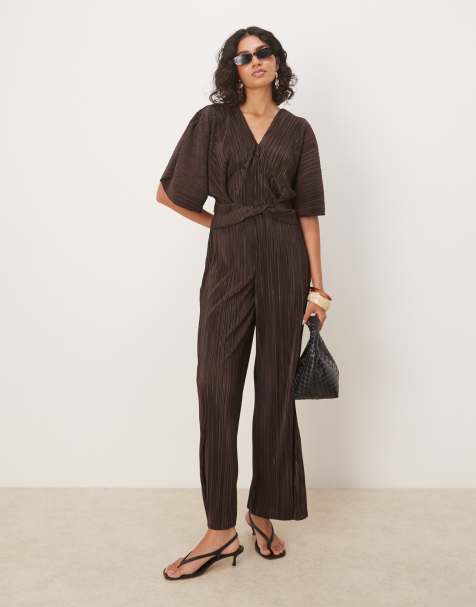ASOS DESIGN plisse plunge short sleeve wrap waist jumpsuit in chocolate - view 1