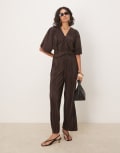 [ASOS DESIGN] ASOS DESIGN plisse plunge short sleeve wrap waist jumpsuit in chocolate-Brown 16 Chocolate