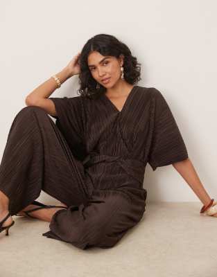Asos Design Plisse Plunge Short Sleeve Wrap Waist Jumpsuit