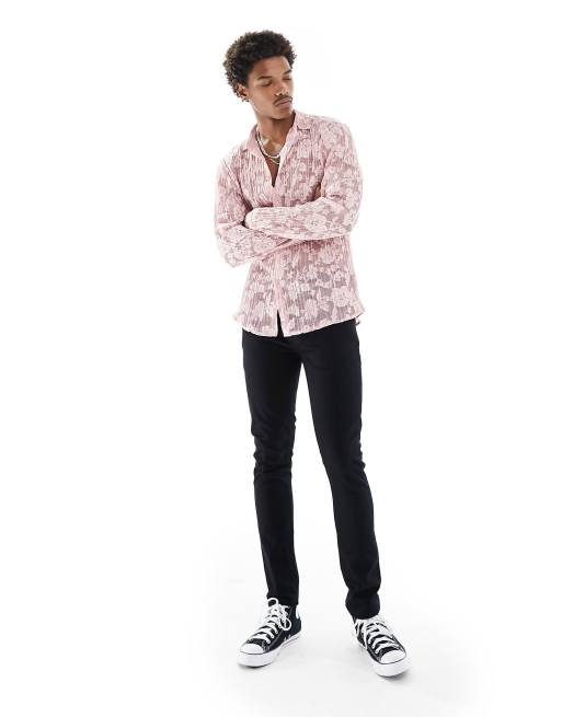 ASOS DESIGN - Plissé regular-fit overhemd met kant en lange mouwen in lichtroze, 3 van 4