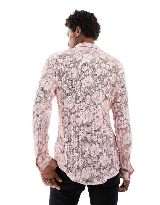 ASOS DESIGN - Plissé regular-fit overhemd met kant en lange mouwen in lichtroze, 4 van 4