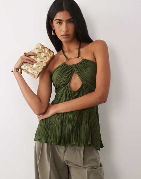 ASOS DESIGN plisse ring halter bandeau in khaki - view 1