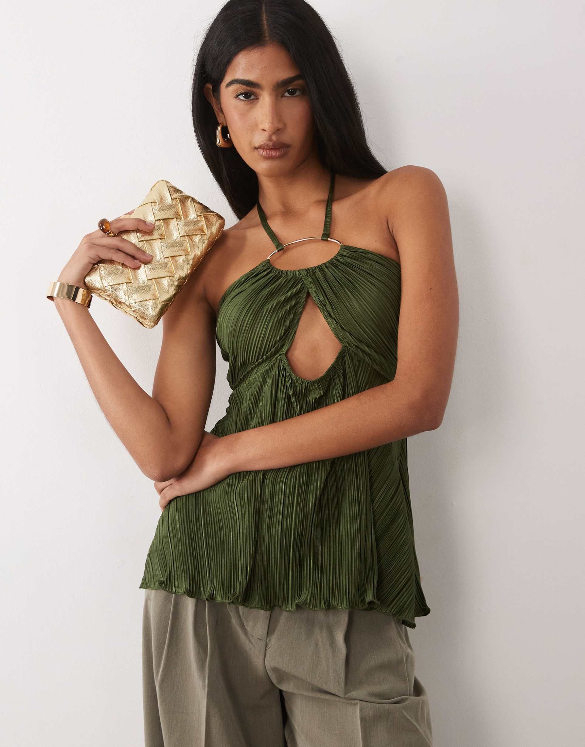 asos design plisse ring halter neck bandeau detail top in khaki