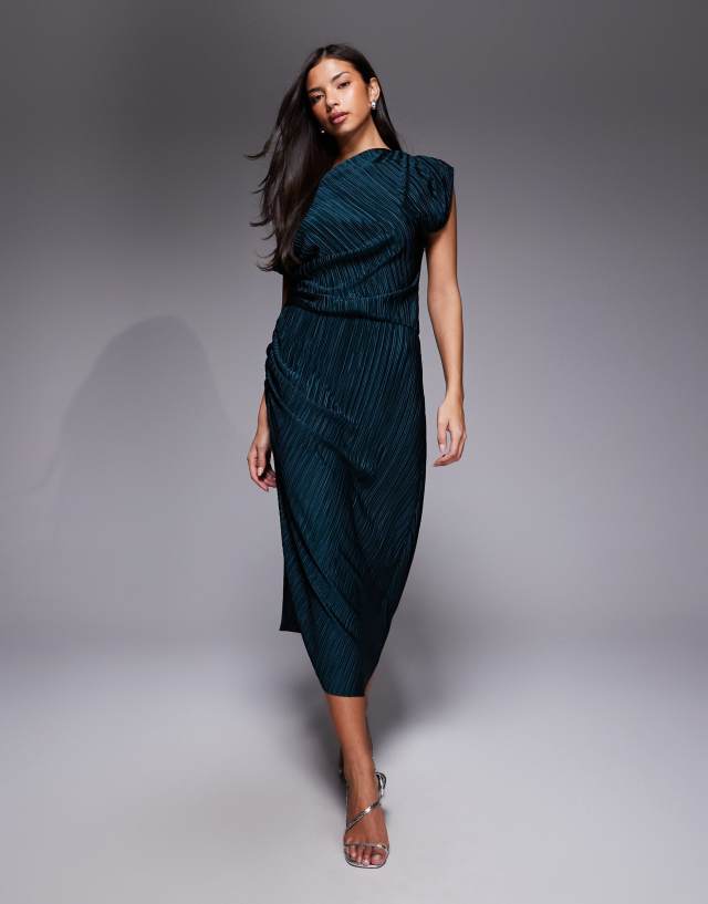 emerald green dress asos Design - Plisse Ruched Side Maxi - Women - Polyester - 6 US pattern_Pleated