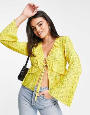 Asos Design Plisse Ruffle Blouse In Yellow Polka Dot-multi