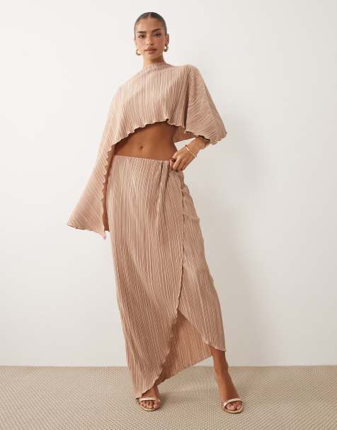 ASOS DESIGN plisse sarong-style wrap midi skirt in toffee (Part of a set) - view 1
