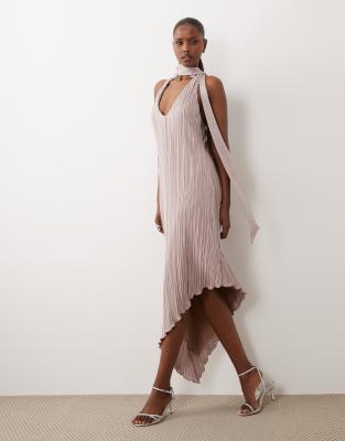 Asos Design Plissé Scarf Asymmetric Hem Dress In Pink